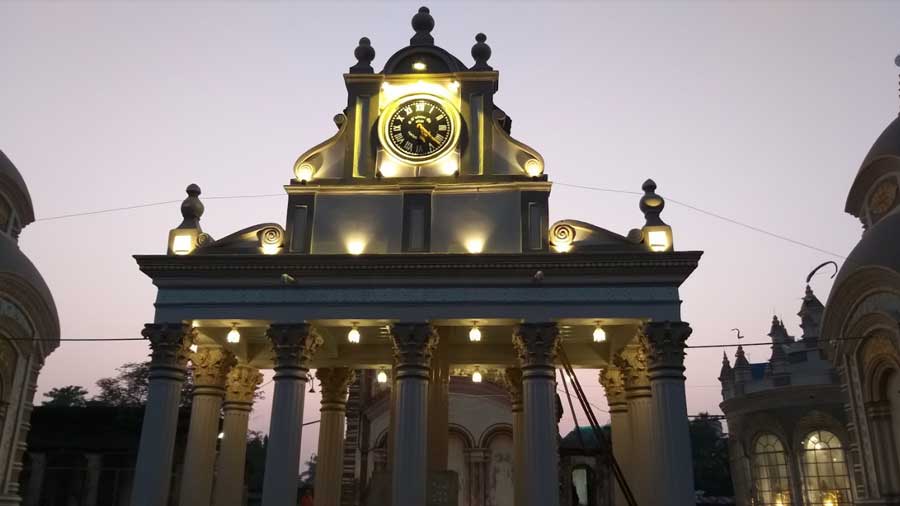 The clock tower, built on 12 Corinthian pillars, is lit up in the evenings