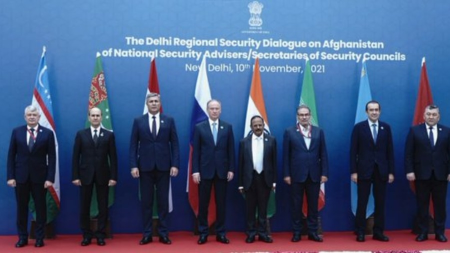 National security adviser Ajit Doval with security advisers of different countries at an eight-nation dialogue hosted by India on the Afghan crisis