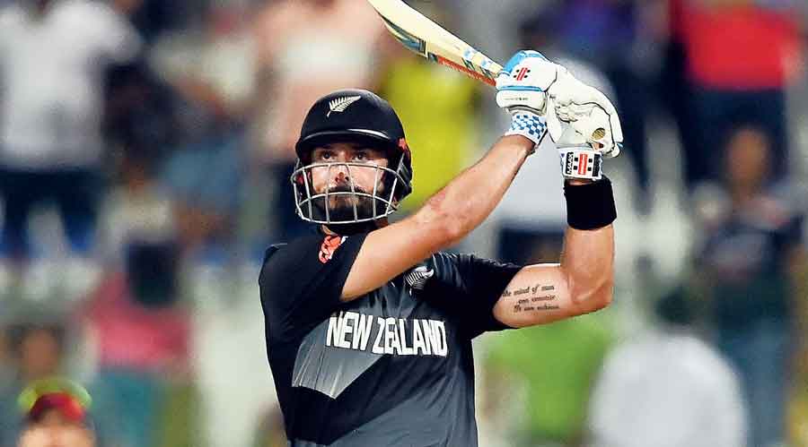 Man of the Match Daryl Mitchell of New Zealand during  his unbeaten 72 off 47 balls against England in the  first T20 World Cup semi-final in Abu Dhabi on Wednesday. 