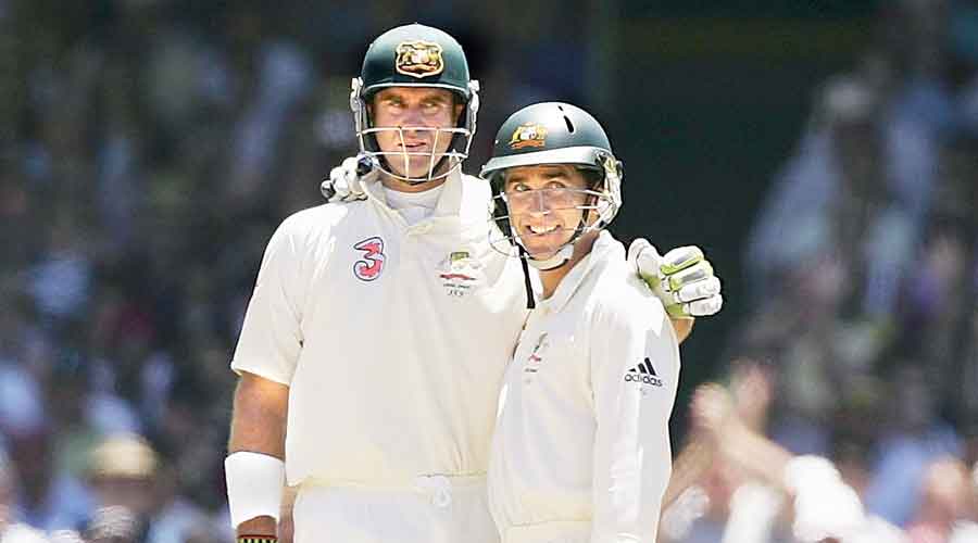 Opening partners Matthew Hayden and (right) Justin Langer, whose respective wards Pakistan and Australia will  face off against each other in the second T20 World Cup  semi-final on Thursday, during the 2007 Ashes series  in Sydney. 