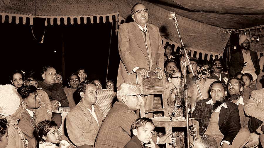 B.R. Ambedkar addressing a public meeting to celebrate the birth anniversary of Guru Ravidas in Delhi.