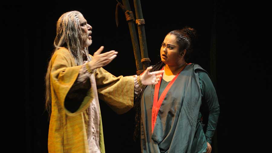 Rudraprasad Sengupta and Sohini Sengupta on the stage of 'Madhabi'.