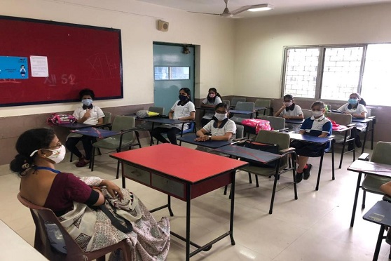 Students of Class V in their classroom at Sushila Birla Girls’ School to take part in the National Achievement Survey. 