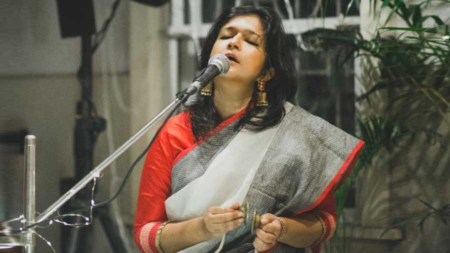 Singer Sahana Bajpaie engrossed in music.