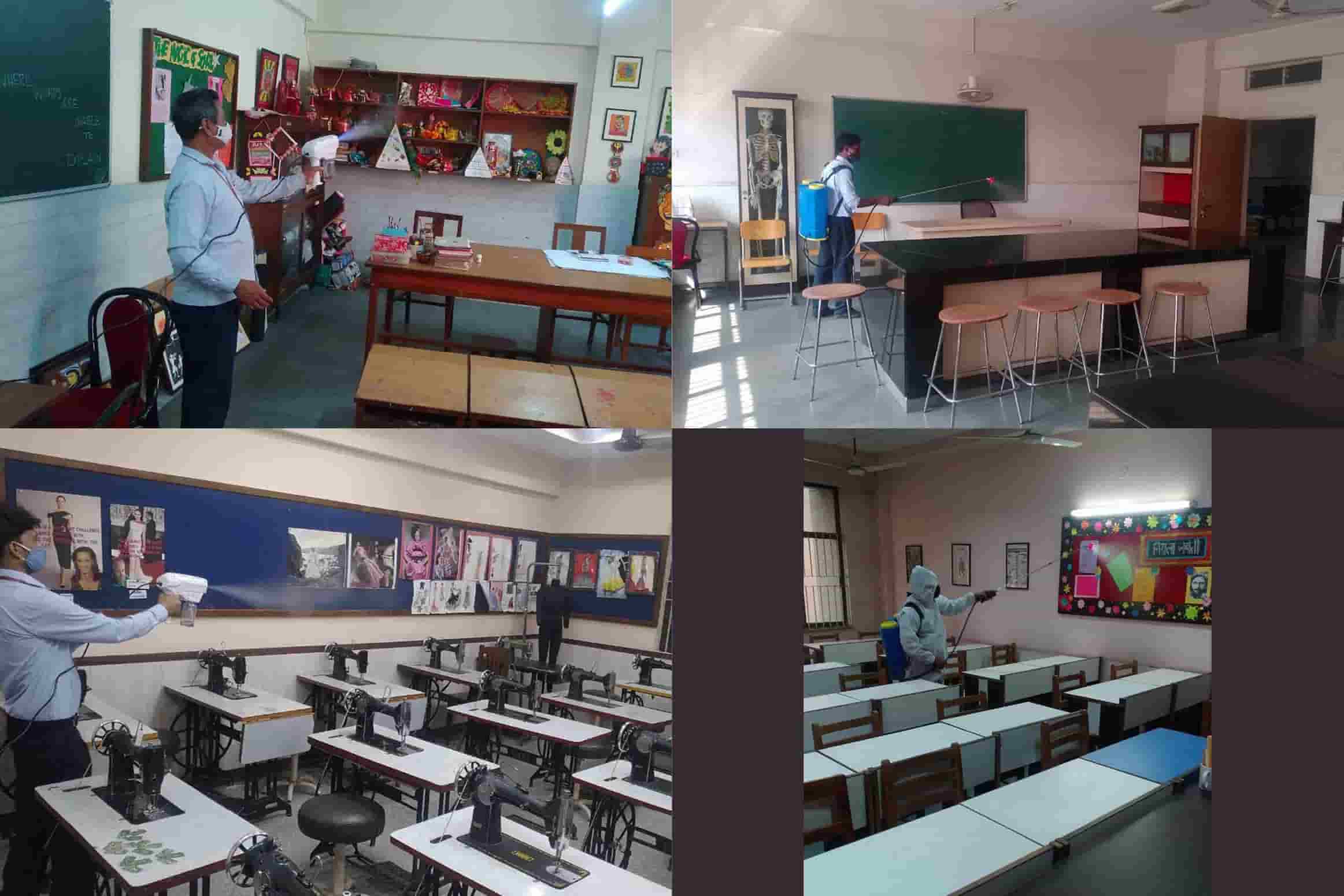 Sanitisation in the (clockwise from top left) Art room, Biology lab, language room and fashion studies room at Mahadevi Birla World Academy.