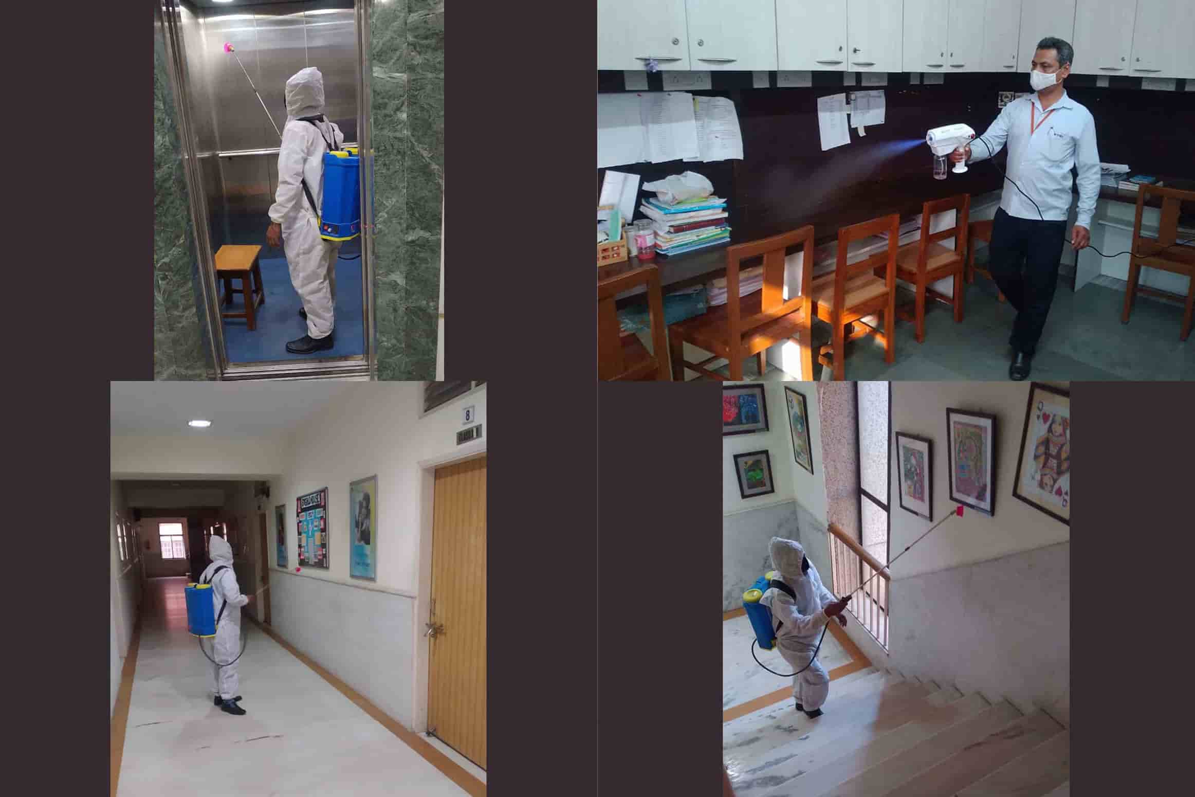 Sanitisation in the (clockwise from top left) lift, one of the staff rooms, staircase and lobby of Mahadevi Birla World Academy.