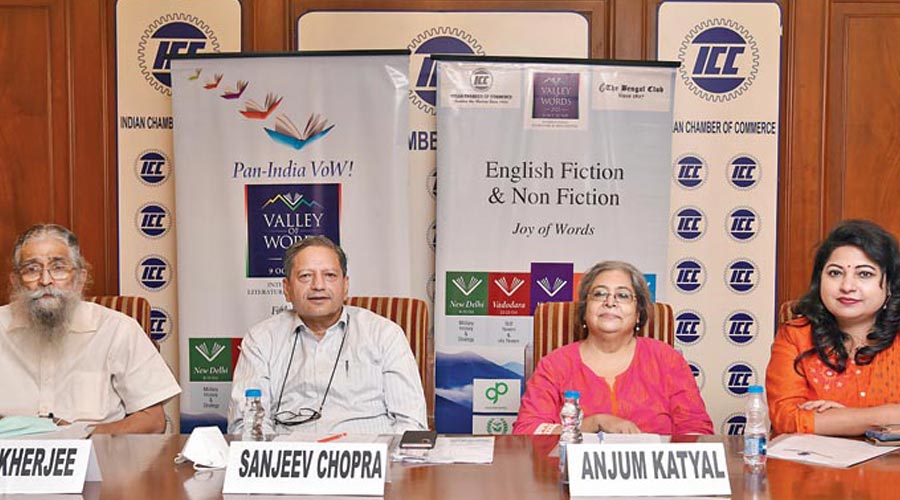 S.B. Mukherjee from Indian Chamber of Commerce, festival curators Sanjeev Chopra, Anjum Katyal and Madhuparna Bhowmick from ICC at the press meet for VoW