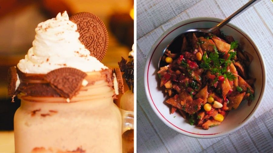 (L-R) Oreo Milkshake and Mexican Bhel, popular items on the cafe's extensive menu.