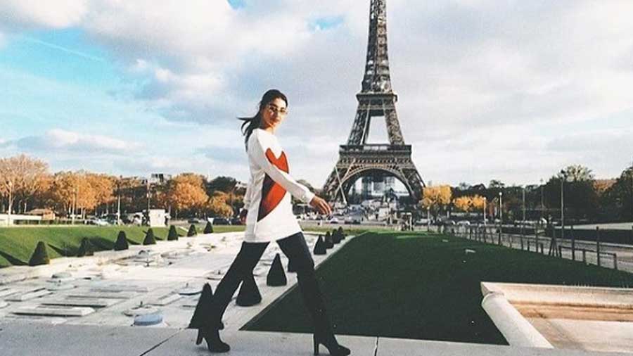 CITY OF LOVE: Actor Rukmini Maitra struts in front of the Eiffel tower in Paris, France. She uploaded this photograph on her Instagram handle on Tuesday, November 9