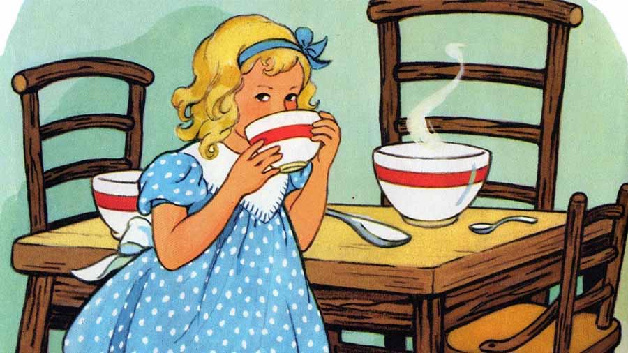 Goldilocks finishing Baby Bear’s porridge 