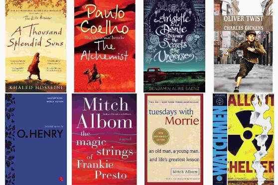 (Clockwise from left) The covers of the books by Mitch Albom, Alan Moore, Alire Saenz, Charles Dickens, Khaled Hosseini, O. Henry and Paulo Coelho. 