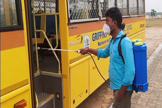 A school bus being sanitised at Griffins International School, Kharagpur. 