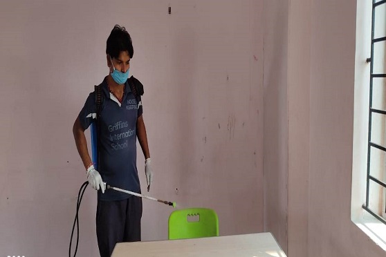 A classroom being sanitised at Griffins International School, Kharagpur.