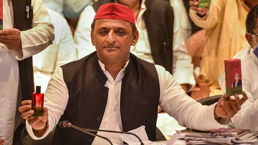 Samajwadi Party President Akhikesh Yadav at a press conference at the party office in Lucknow, Tuesday, Nov.9 2021.