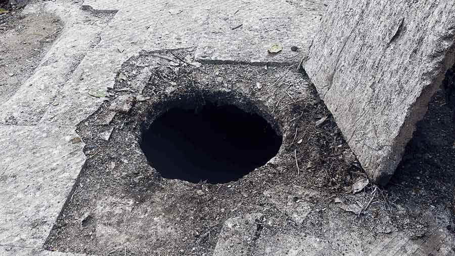 The manhole in Dum Dum’s Seven Tanks  area in which  Ranjan Saha fell into on Friday night