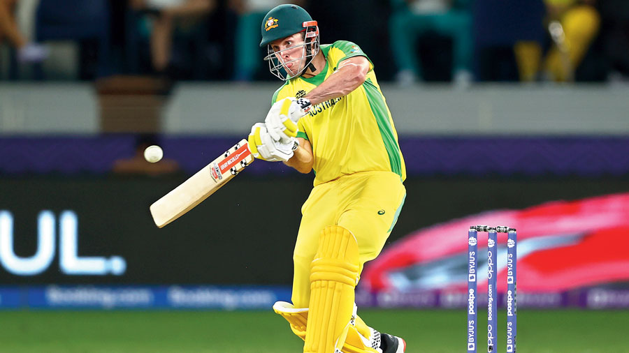 Mitchell Marsh of Australia on way to his unbeaten 77 against New Zealand during the T20 World Cup final in Dubai on Sunday.