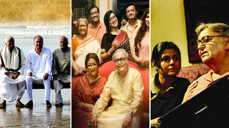 Soumitra Chatterjee in Suman Ghosh’s films (left) ‘Peace Haven’, (centre) 'Basu Poribar' and 'Podokkhep'