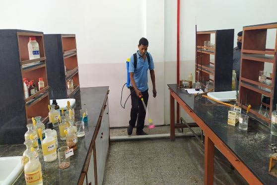 A laboratory being sanitised at Apeejay School, Park Street