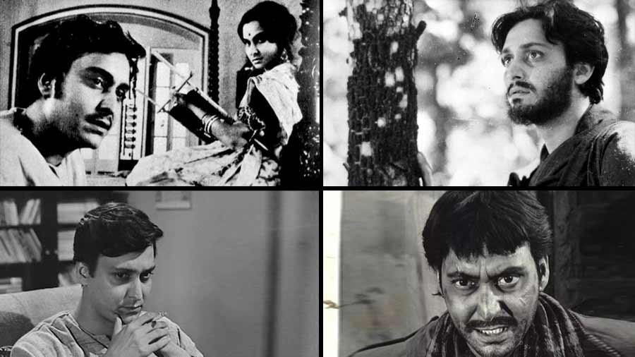 (Clockwise from top left) Soumitra Chatterjee as Amal in ‘Charulata’, as Apu in ‘Apur Sansar’, as Aghor in ‘Sansar Simante’ and as Feluda in ‘Sonar Kella’