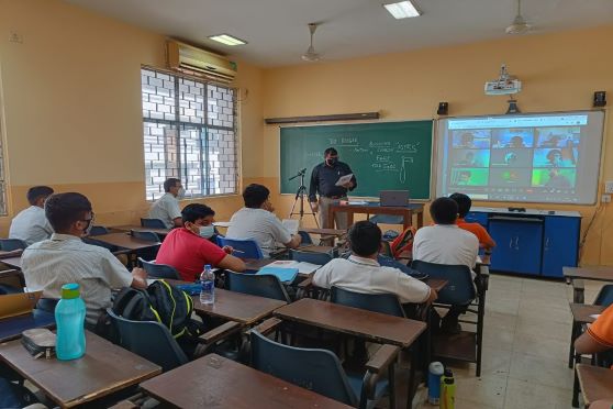 A hybrid class in progress at Birla High School. Several schools have opted for blended teaching and learning for easier implementation of COVID-safety norms. 