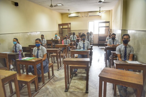 Students back to class at Abhinav Bharati High School. 