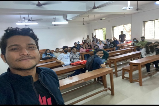 BCom students of THK JAIN College click a picture on the first day of college after reopening. Source: Students