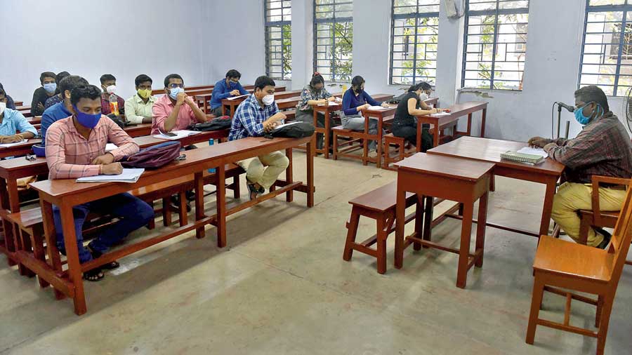 A class in progress at Jadavpur University after it reopened on Tuesday.