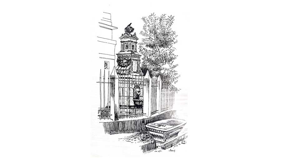 A sketch of the fountain as seen in Desmond Doig’s 1966 book, ‘Calcutta: An Artist’s Impression’