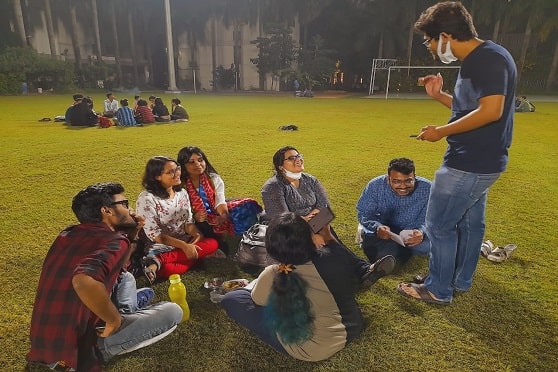 Students of Presidency University are back on the green grass once again. A group of seven sharing a light moment. 