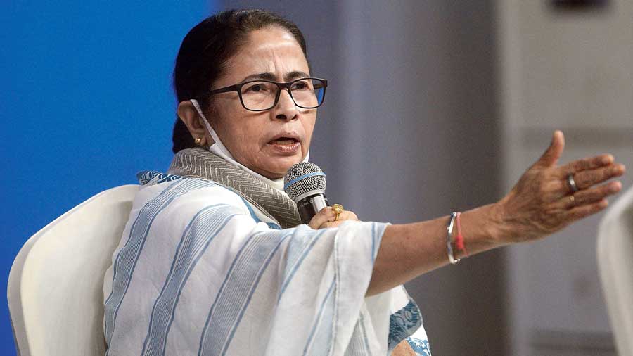 Chief minister Mamata Banerjee speaks at an administrative review meeting for North 24-Parganas on Wednesday.