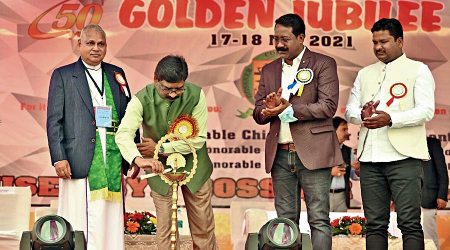 Hemant Soren lights a lamp to inaugurate the two-day golden jubilee function of Gossner College at Ranchi on Wednesday. 