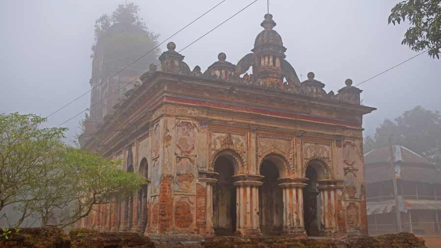 The Radha Binod temple at Panchrol Bazar is a mid-19th century, 40-feet-high Shikhar Deul temple standing on a flat-roofed structure