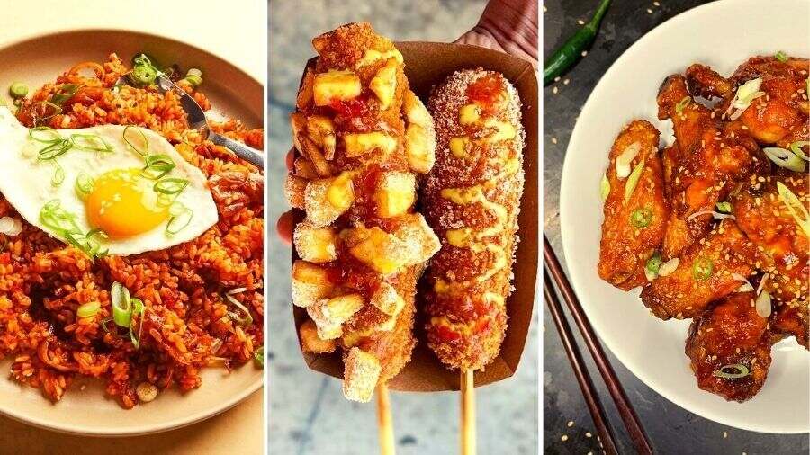 (L-R) Kimchi-bokkeum-bap, Hasdogeu and Yangnyeom chicken