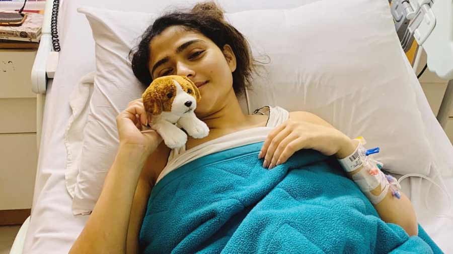 Aindrila Sharma in a Delhi hospital for her first chemotherapy session after cancer relapse in February 2021