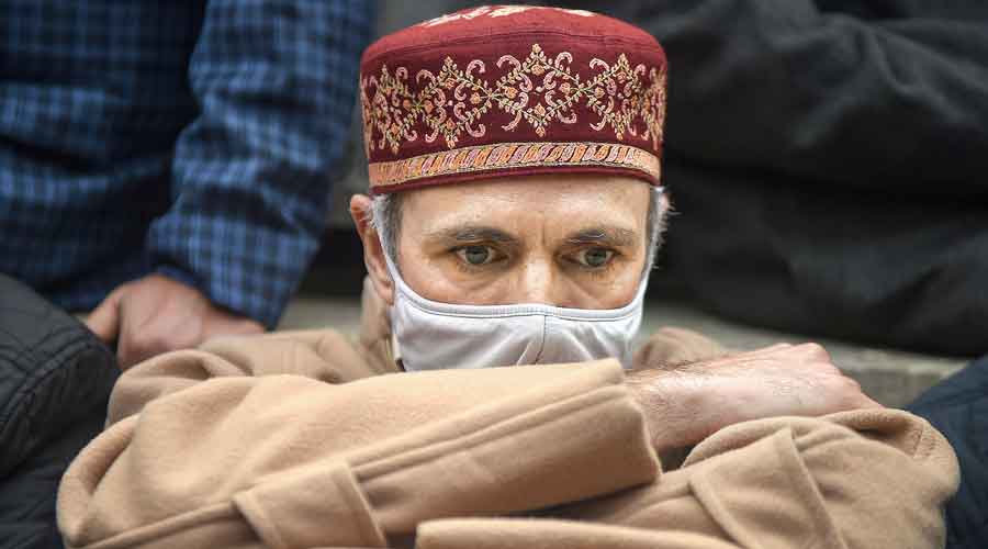 Former chief minister Omar Abdullah at a protest in Srinagar seeking the return of the bodies. 