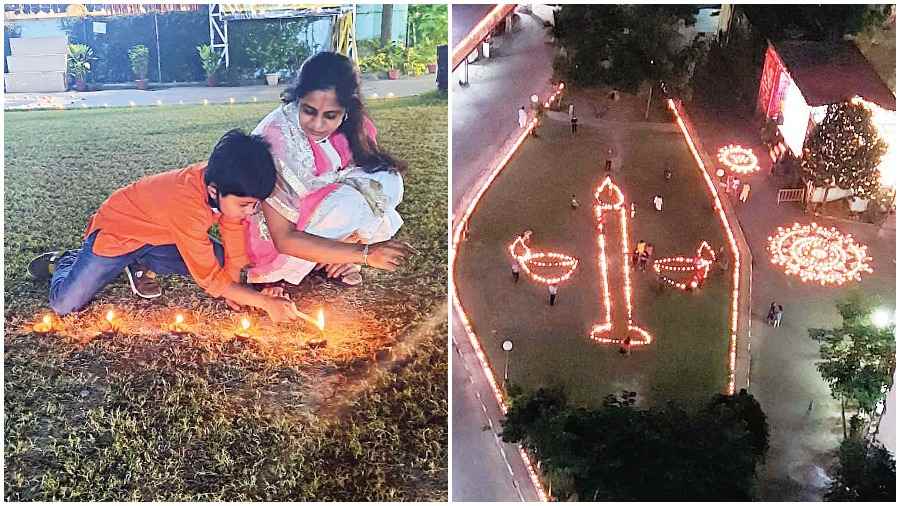 A child lights diyas at Eastern High. (Right) Together the illumination formed the shape of a candle and two diyas.