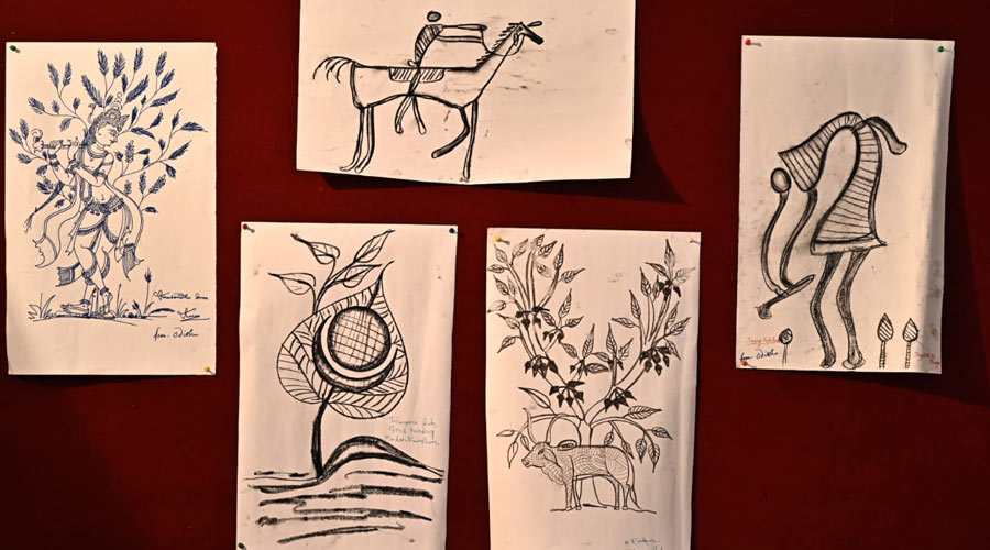 Work by tribal artists during Artisans' Residency at Vikas Bharti in Jamshedpur on Thursday. 