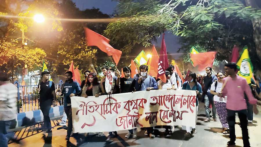 A victory march by Jadavpur University students after Modi’s announcement to repeal the farm laws on Friday. 