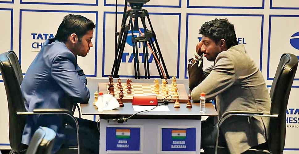 Arjun Erigisi during the seventh round of the rapid competition of the Tata Steel Chess 2021 on Friday