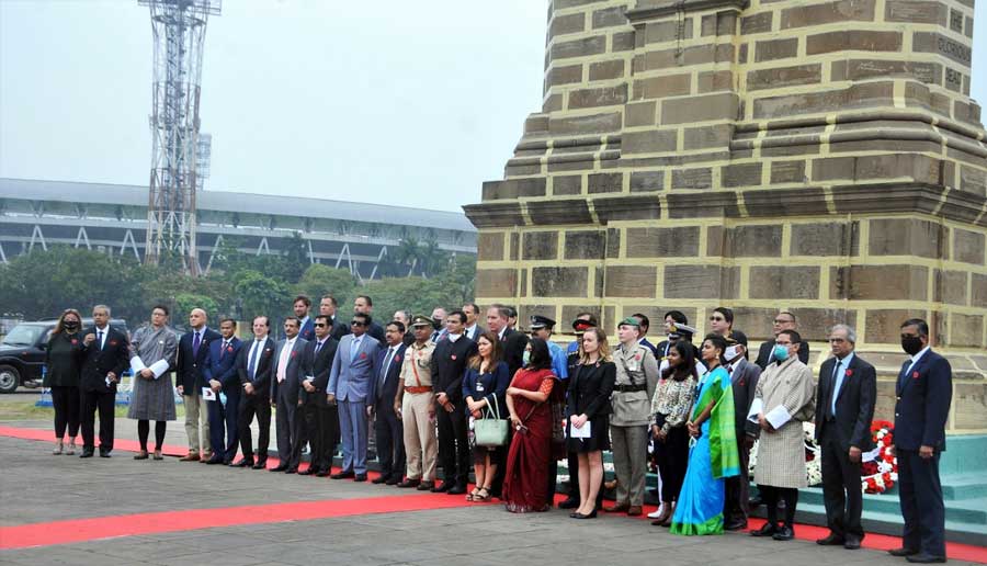 HOMAGE: Representatives of various foreign consulates and officials pose for a group photograph at the Glorious Dead Cenotaph on the Maidan in Kolkata on Sunday, November 14. Every year the second Sunday of November is observed as Remembrance Sunday throughout the Commonwealth to honour the fallen soldiers of the two World Wars