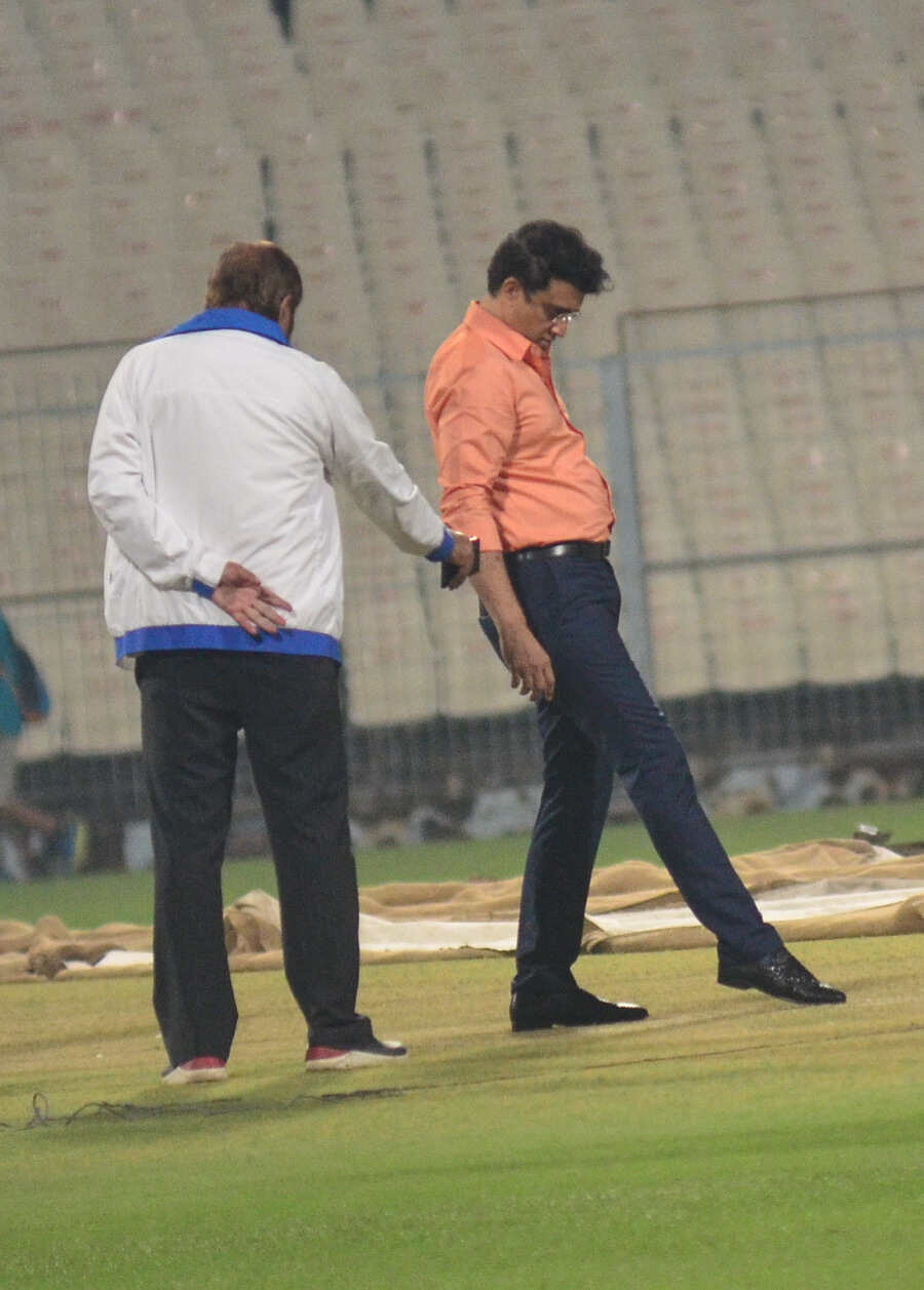 DADA AT WORK: Board of Control for Cricket in India president and former Team India captain Sourav Ganguly inspects the cricket pitch at the Eden Gardens on Friday, November 19. India take on New Zealand for the final match in the ongoing T20I series on Sunday, marking return of international cricket to the city after two years. Earlier this week, the much-revered ‘Dada’ of Indian cricket replaced Anil Kumble as the chairman of ICC Cricket’s Committee