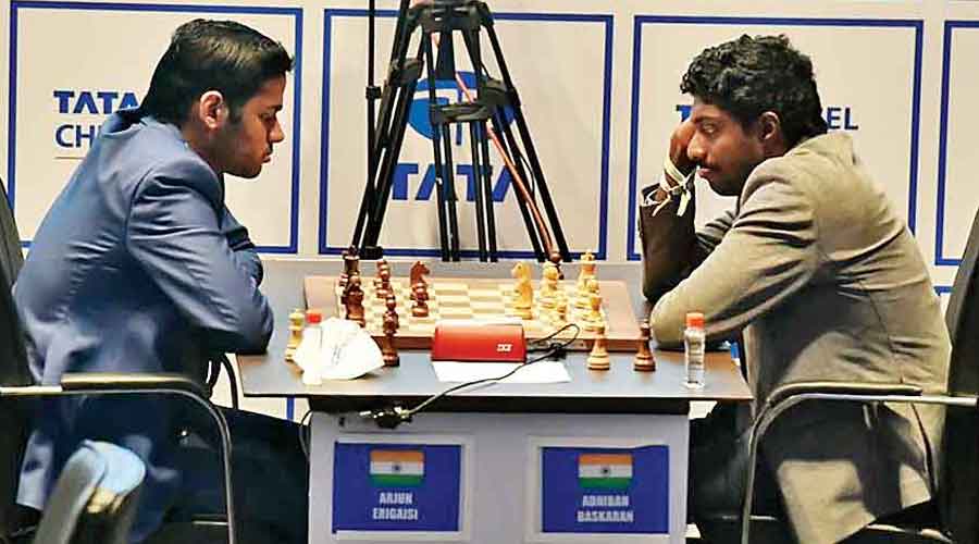 Arjun Erigisi during the seventh round of the rapid competition of the Tata Steel Chess 2021 on Friday.