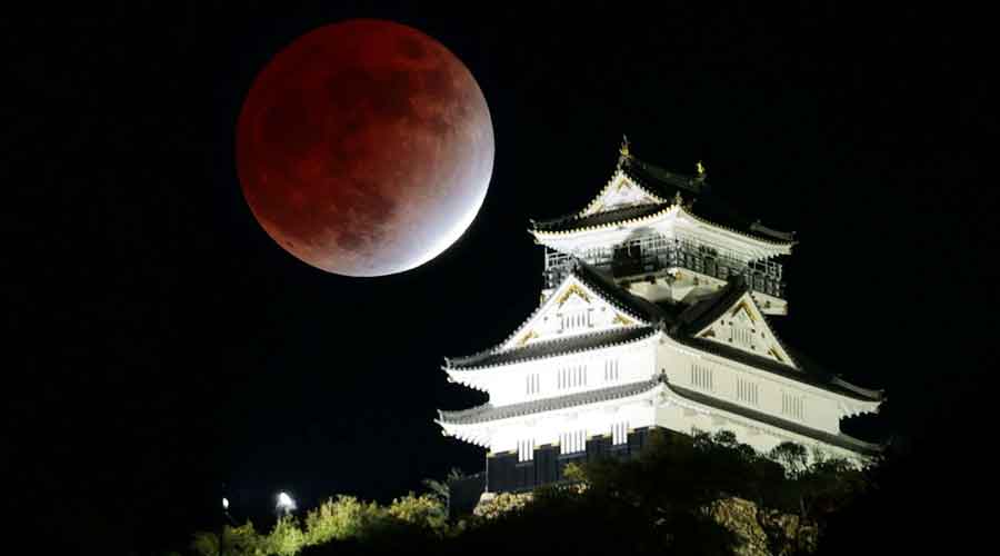 A partial lunar eclipse, dubbed the 'Blood Moon', is observed over Gifu Castle in Gifu, central Japan on November 19.