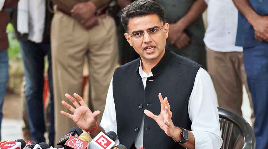Sachin Pilot addresses the press conference at his residence in Jaipur on Sunday.