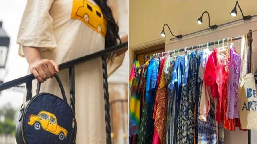 (Left) a yellow taxi sling by Riddhi Pankaj and (right) Be Artsy's lineup at a recent pop-up
