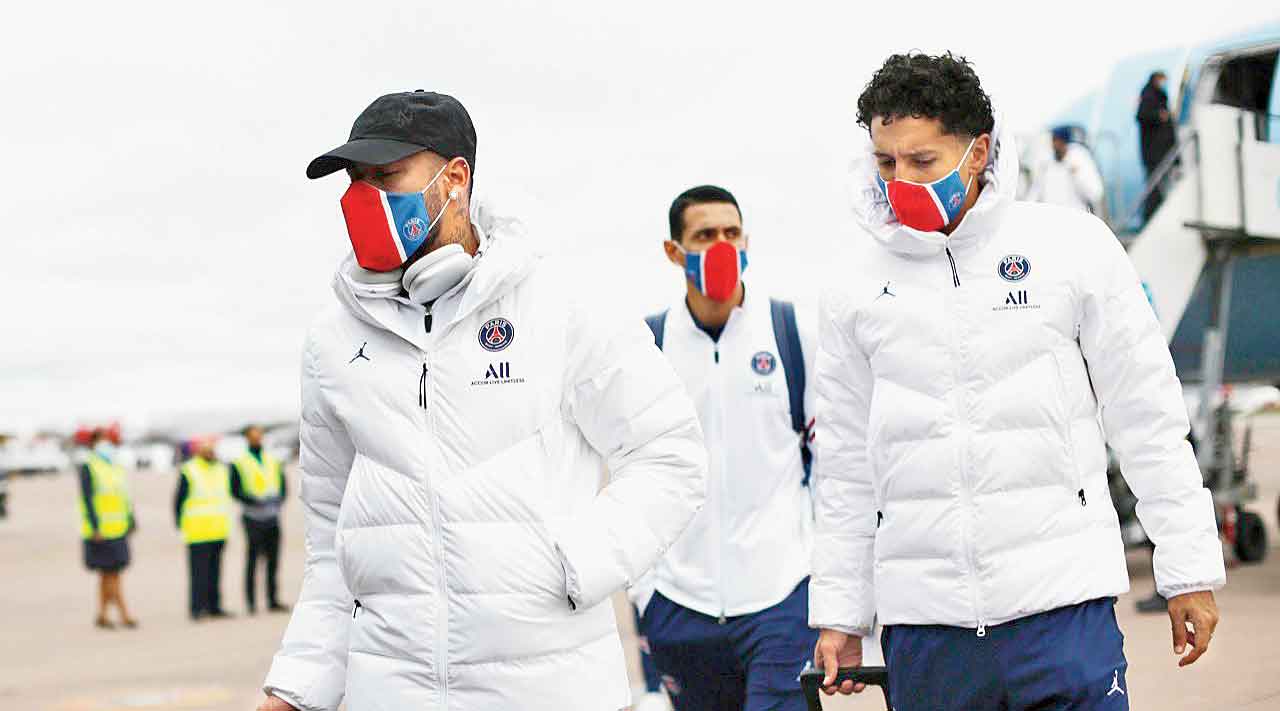 Paris Saint-Germain players arrive in Manchester ahead of their Champions League  match against Manchester City
