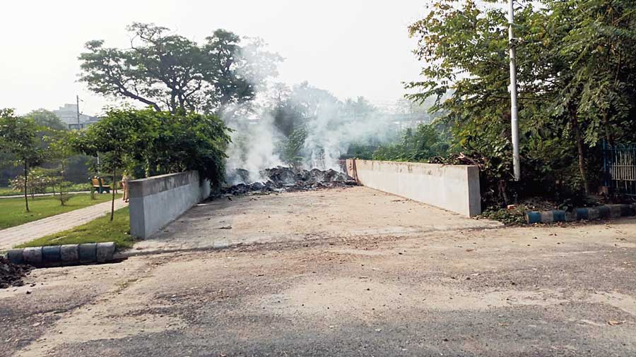 Smoke rises from dried leaves being burnt in the Rabindra Sarobar area on Thursday.