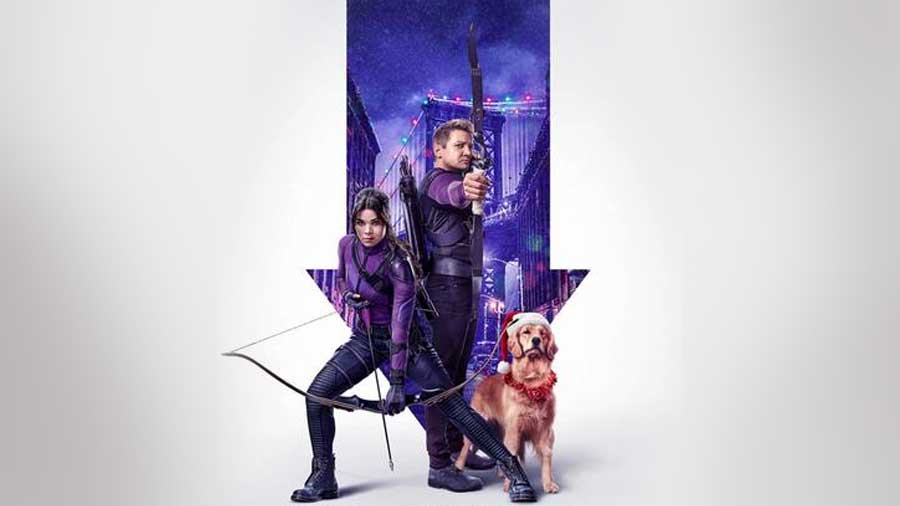 Clint Barton, Kate Bishop and Lucky the Pizza Dog in ‘Hawkeye’