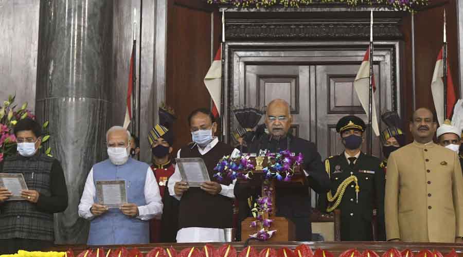 From left: Union Minister Piyush Goyal, Prime Minister Narendra Modi, Vice- President M. Venkaiah Naidu, President Ram Nath Kovind  and Lok Sabha Speaker Om Birla at the Constitution Day celebrations in the Central Hall of Parliament