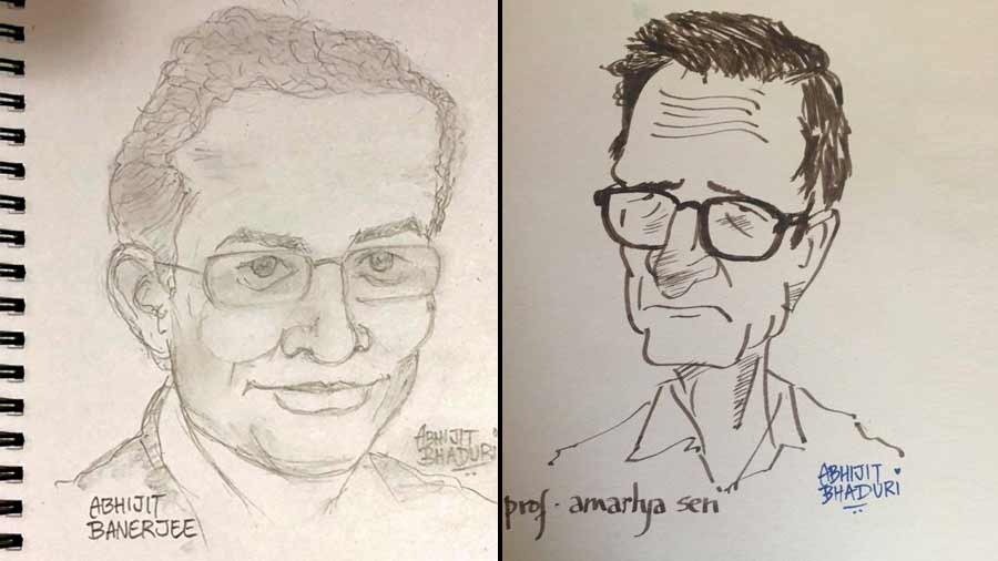 Sketches of Nobel Laureates (left) Abhijit Banerjee and (right) Amartya Sen by Abhijit Bhaduri